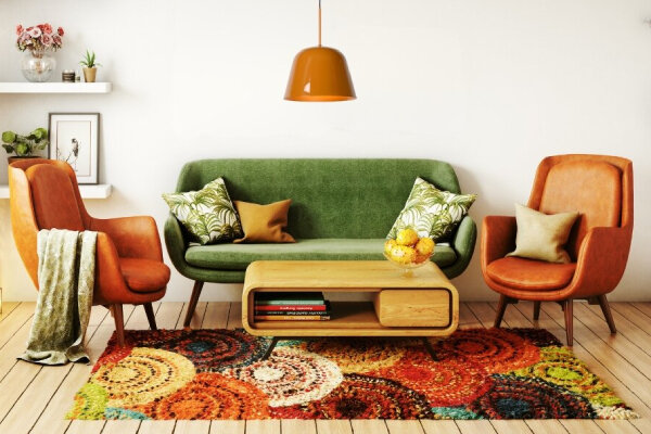 Wohnzimmer im 70er Stil eingerichtet