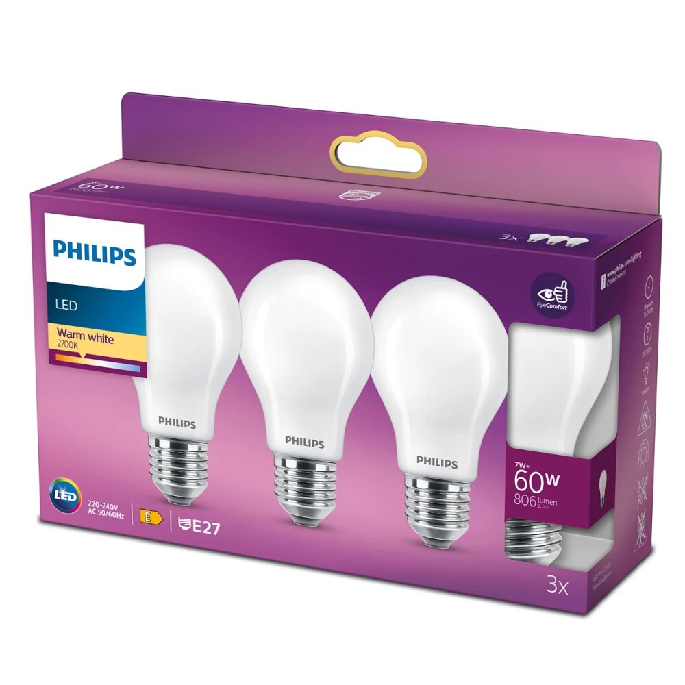 Philips 3er Set LED E27 7 Watt 2700 Kelvin 806 Lumen main product photo
