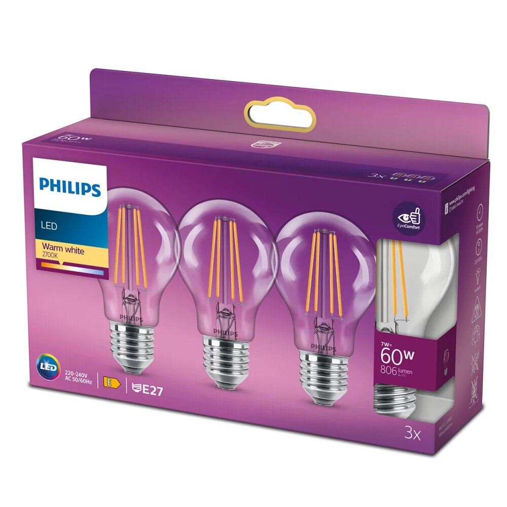 Philips LED E27 3er Set 7 Watt 2700 Kelvin 806 Lumen main product photo