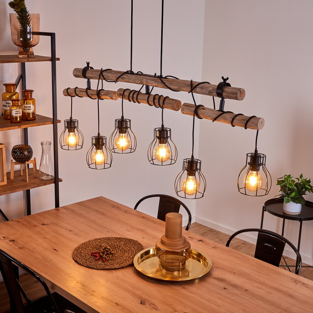 Gondo Pendelleuchte Holz hell, Schwarz, 6-flammig main product photo