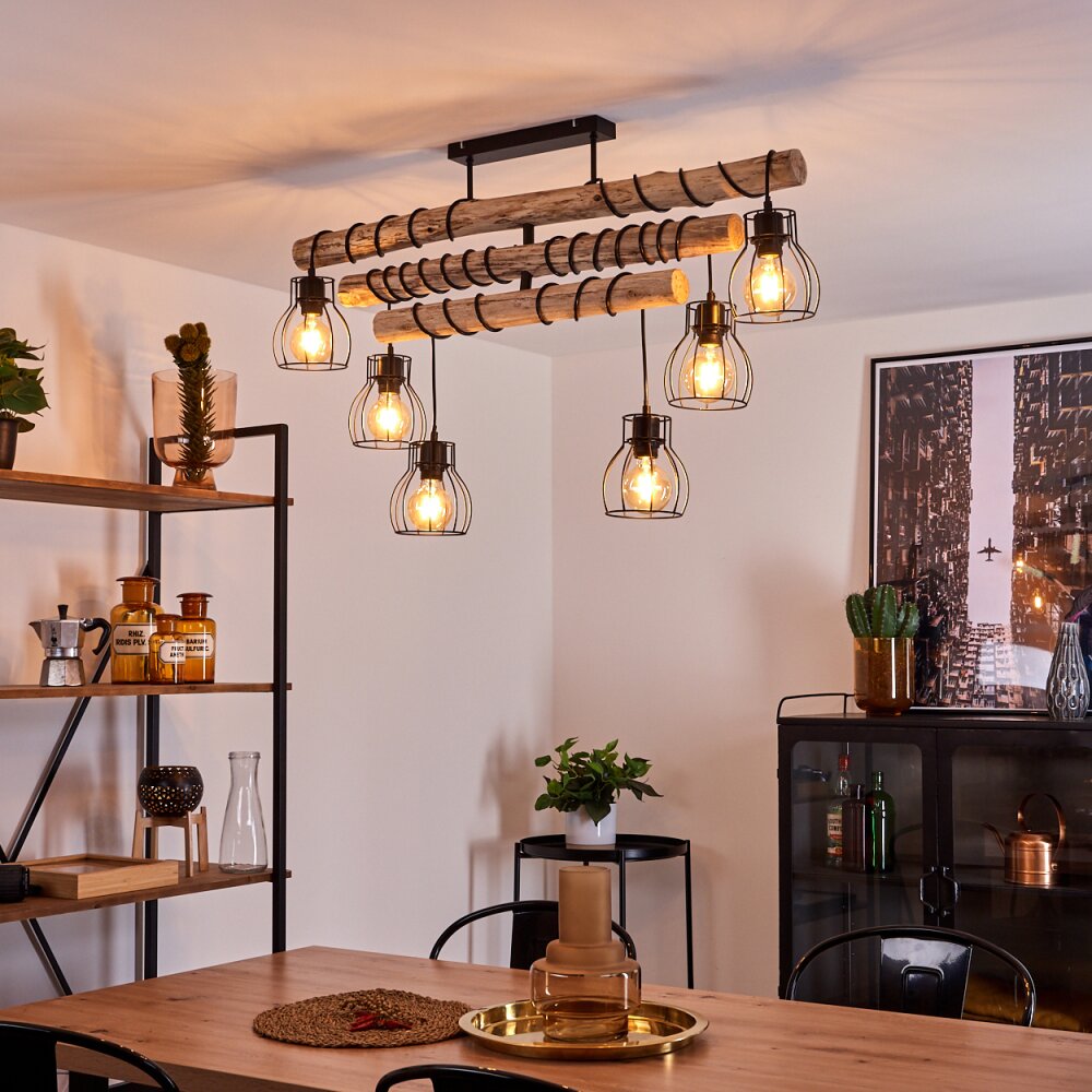 Gondo Deckenleuchte Holz hell, Schwarz, 6-flammig main product photo
