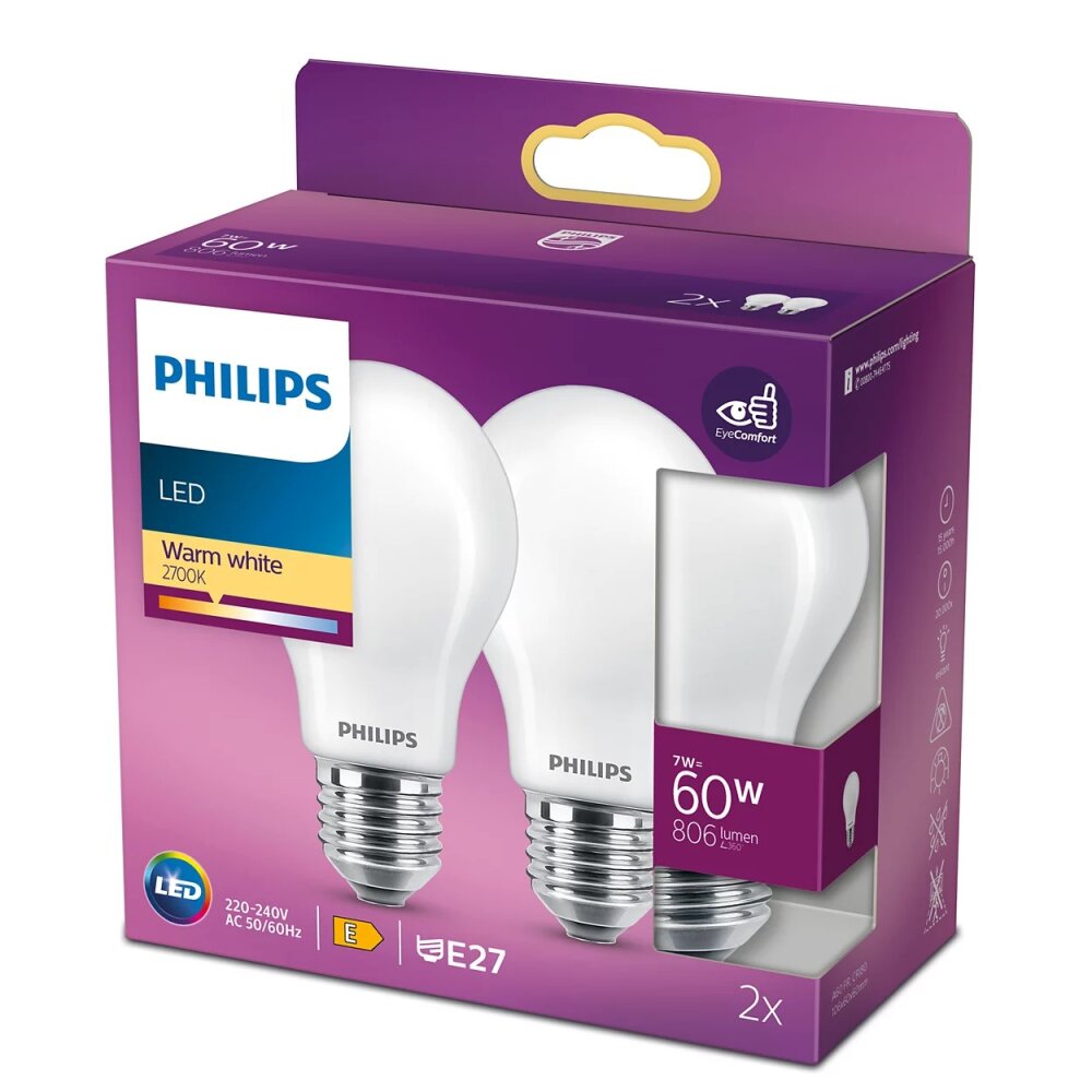 Philips 2er Set LED E27 7 Watt 2700 Kelvin 806 Lumen main product photo