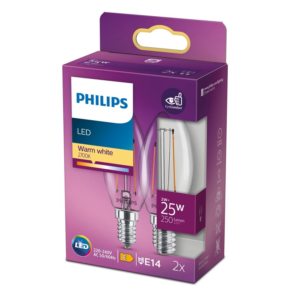 Philips 2er Set LED E14 2 Watt 2700 Kelvin 250 Lumen main product photo