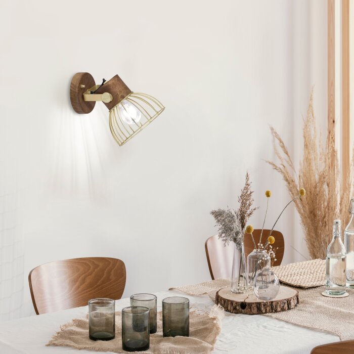 Flur Strahler Holz Schwarz/Gold Vintage Wohn Raum Lampe Wand Leuchte Lichteffekt