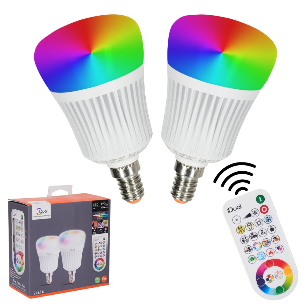 Candal E14 LED RGB 7 Watt 2200-6500 Kelvin 470 Lumen 2er Set mit Fernbedienung main product photo