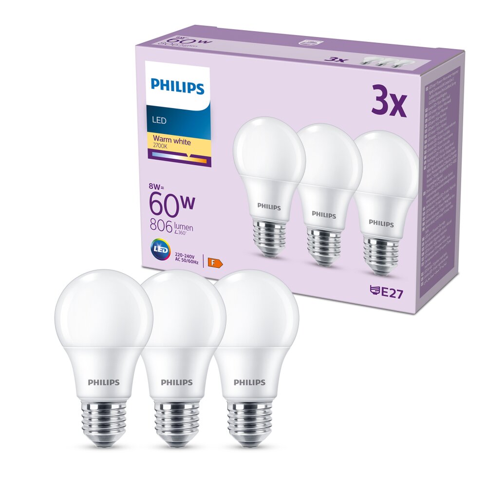 Philips Classic 3er Set LED E27 8 Watt 2700 Kelvin 806 Lumen main product photo