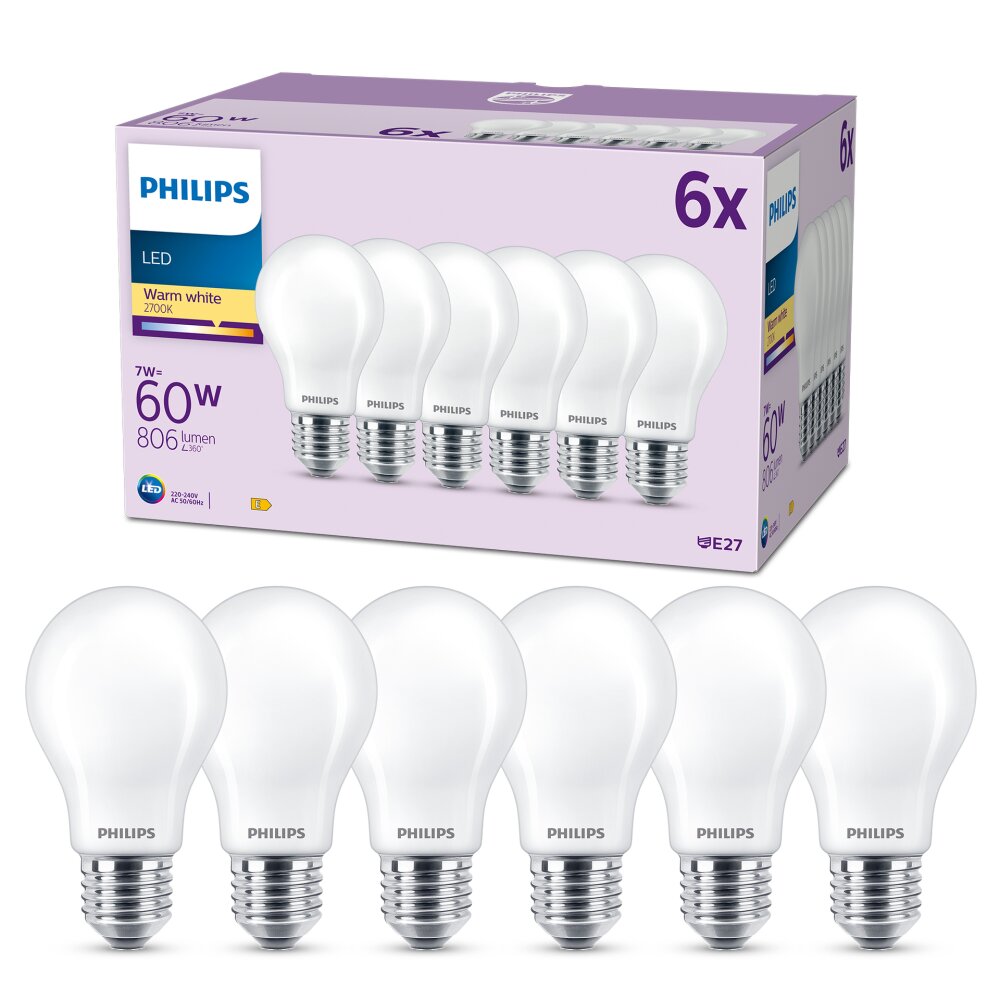 Philips Classic 6er Set LED E27 7 Watt 2700 Kelvin 806 Lumen main product photo