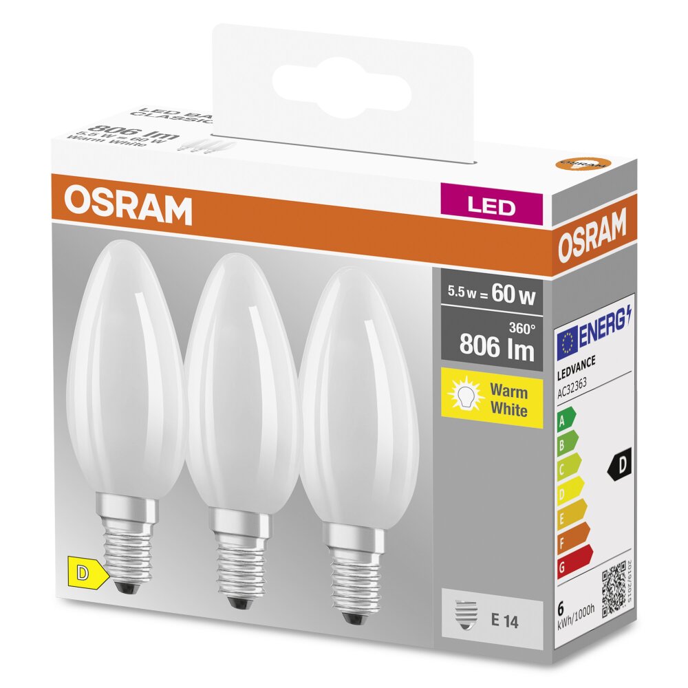 OSRAM CLASSIC B 3er Set LED E14 5,5 Watt 2700 Kelvin 806 Lumen  4058075592551