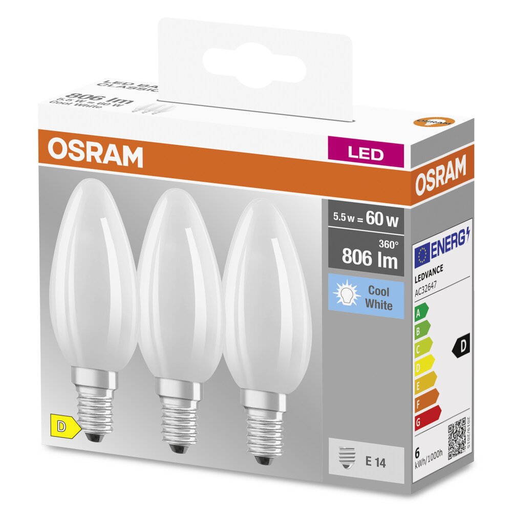 OSRAM CLASSIC B 3er Set LED E14 5,5 Watt 4000 Kelvin 806 Lumen main product photo