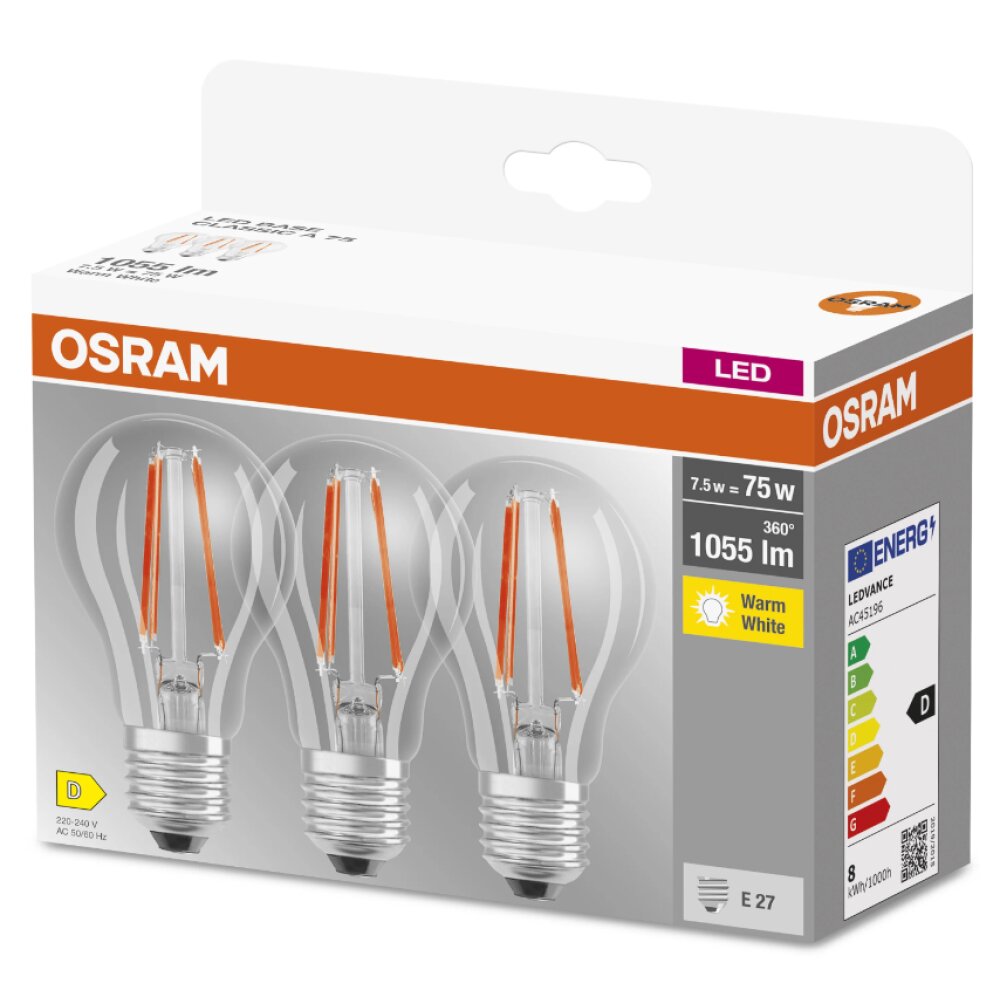 OSRAM 3er Set LED E27 7,5 Watt 2700 Kelvin 1055 Lumen main product photo