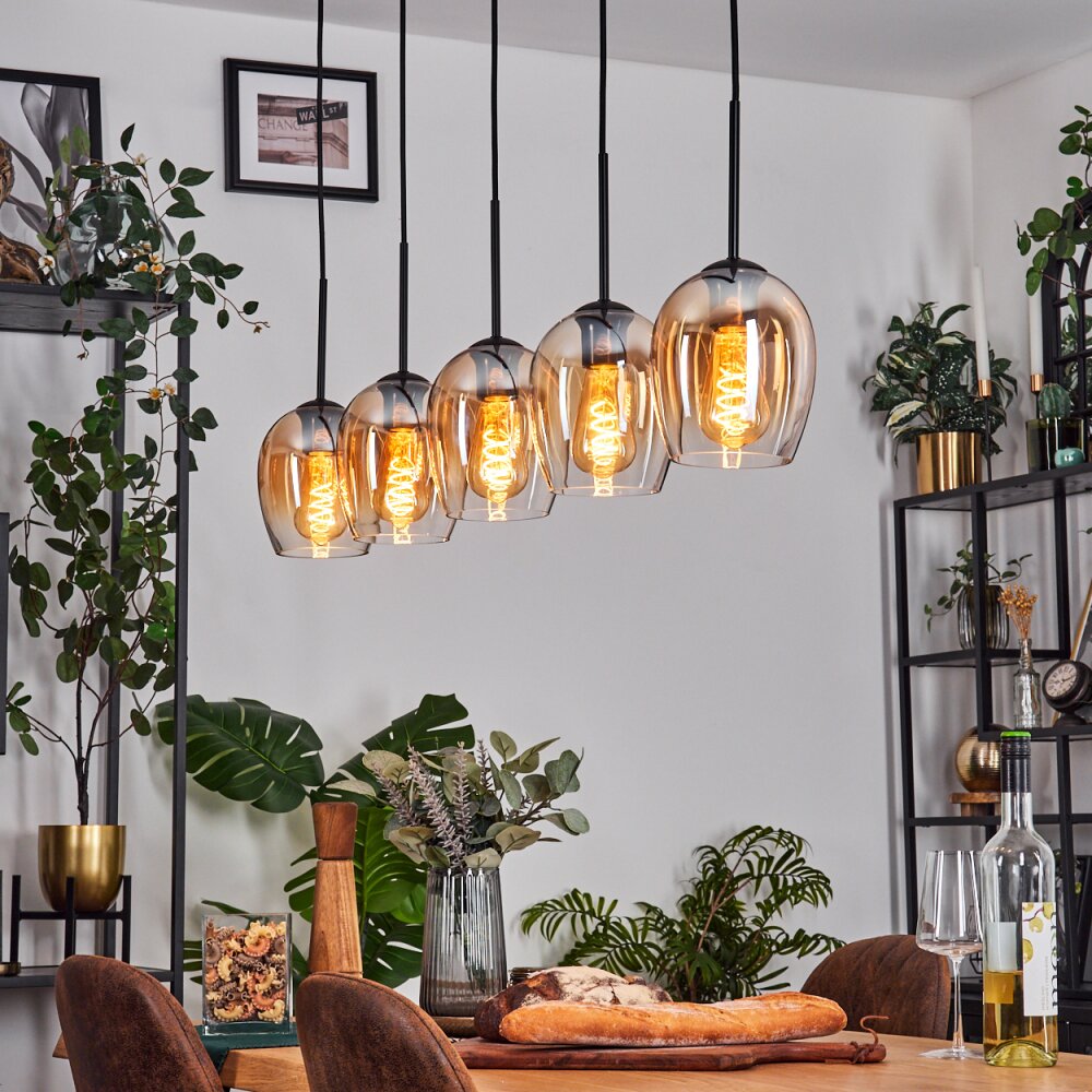 Vevino Pendelleuchte Retro-Design – 4 Flammig, Metall/Glas In Schwarz/Bernstein, Max. 154 Cm, Ohne Leuchtmittel