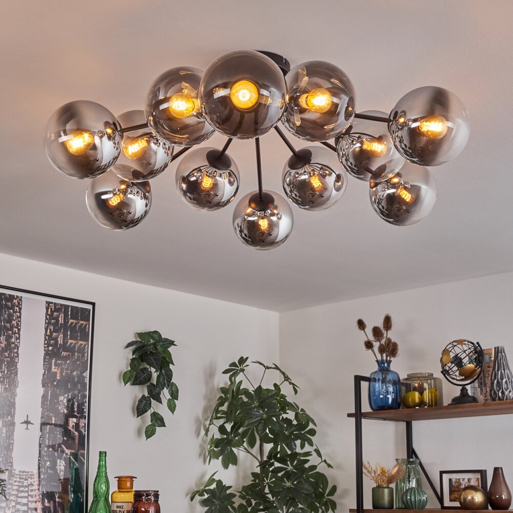Deckenleuchte Gastor Im Retro-Design – 12-flammig, Metall/Glas, Schwarz/chrom/rauchfarben
