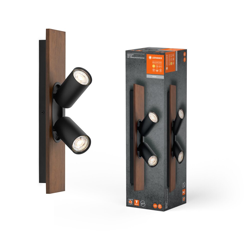 LEDVANCE Decor Spot Deckenleuchte Holzoptik, Schwarz, 2-flammig main product photo
