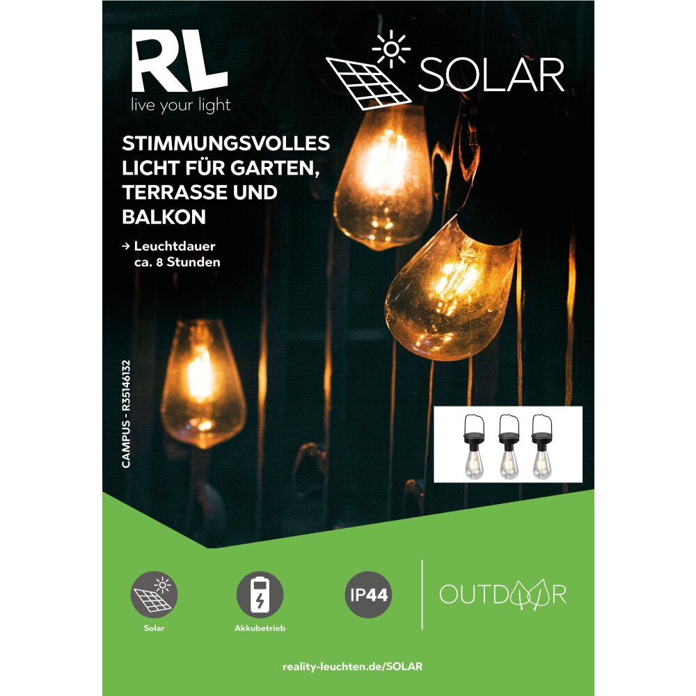Reality Campus Solarleuchte LED Schwarz, 3-flammig main product photo