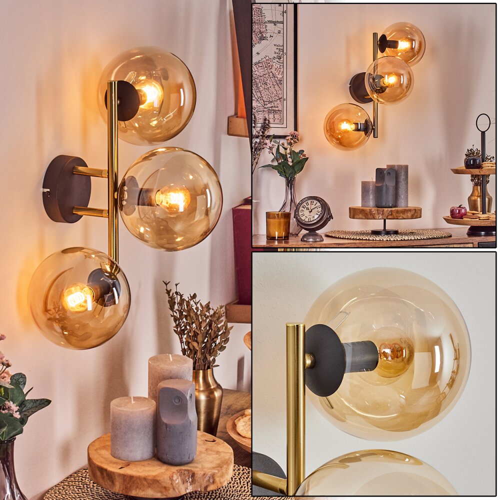 Gastor Wandleuchte Glas 15 cm Gold, Schwarz, 3-flammig main product photo