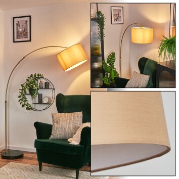 Soungou Bogenlampe 38 cm Messing, Schwarz, 1-flammig, Stoff-Lampenschirm