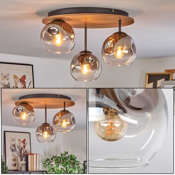 Ripoll Deckenleuchte Glas 15cm Braun, Holzoptik, Schwarz, 3-flammig
