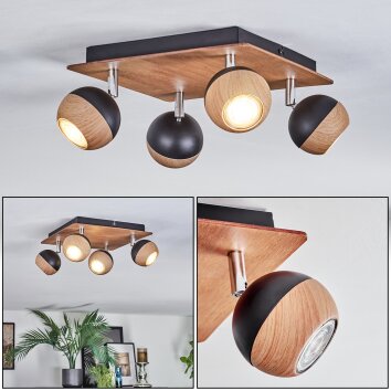 Haldor Deckenleuchte Chrom, Holzoptik, Schwarz, 4-flammig