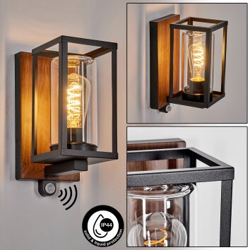 Portalis Außenwandleuchte Holzoptik, Schwarz, 1-flammig, Bewegungsmelder