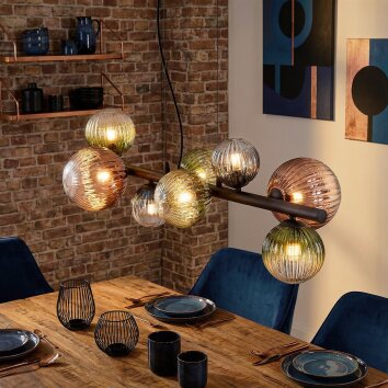 Chehalis Pendelleuchte Glas 10 cm, 12 cm, 15 cm Blau, Grün, Klar, Kupferfarben, 8-flammig