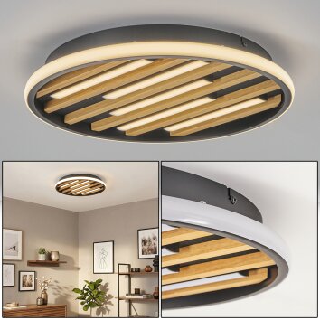 Velani LED Deckenleuchte Holz rund 41 cm, flache Deckenlampe mit Holzlamellen