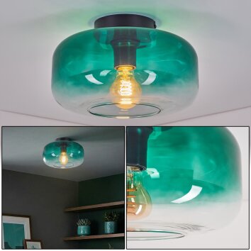 Retro-Kugel-Deckenleuchte Boza mit klarem Glasschirm ø 28 cm, Dunkelgrüner Farbverlauf