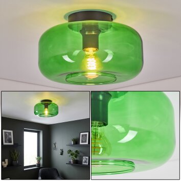 Retro-Deckenleuchte Boza mit rundem, bauchigem grünem Glasschirm ø 28 cm