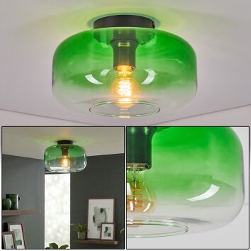 Retro-Deckenleuchte Boza mit grünem Farbverlauf im Glasschirm, sichtbarer E27-Fassung, ø 28 cm