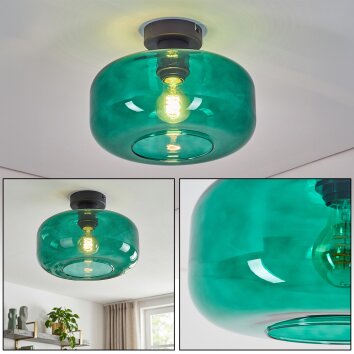 Retro-Deckenleuchte Boza mit dunkelgrünem Glasschirm, sichtbare E27-Fassung, ø 28 cm