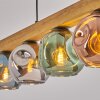 Holzstab-Hängeleuchte Ripoll, höhenverstellbar bei Montage, Holzbalken, 5 bunte Schirme