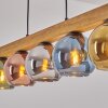 Pendelleuchte Koyoto mit 5 bunten Glasschirmen am Holzbalken, Länge 95 cm