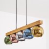Pendelleuchte Koyoto mit 5 bunten Glasschirmen am Holzbalken, Länge 95 cm