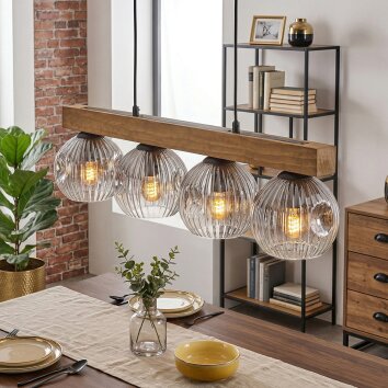 Ripoll Holzstab Hängeleuchte 4-flammig mit Riffelglas-Kugeln, Länge 75 cm