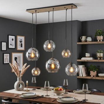 Koyoto Pendelleuchte Esstisch Glas 6-flammig mit Rauchglas-Kugelschirmen