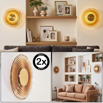 Liriel LED Glas-Wandleuchte 2er Set, Metall in Messing, bernsteinfarbener Glasschirm