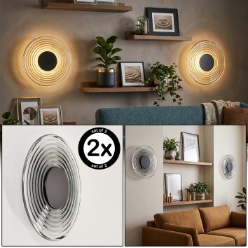 Liriel runde LED Wandleuchte, 2er-Set, Ø 30 cm, klar-rauchfarbener Glasschirm