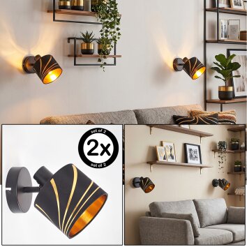 Wandspot Alsen 2er-Set mit gold-schwarzem Stoffschirm, symmetrischen Schlitzen, dreh-/schwenkbar