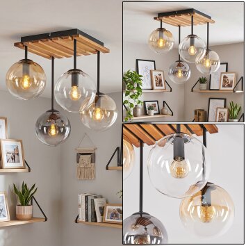 Gastor Deckenleuchte aus Holz und Glas mit Kugelschirmen, 4-flammig, Boho