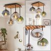 Boho-Style Kugelleuchte Gastor mit Holzlamellenplatte und 4 bunten Glasschirmen