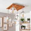 Cluster-Deckenleuchte Gastor mit Holzlamellen-Abdeckung und 5 klaren Glasschirmen