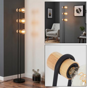 Voril 3-flammige Stehlampe aus Holz und Metall, 141,5 cm, E27, naturfarbene Holzdetails