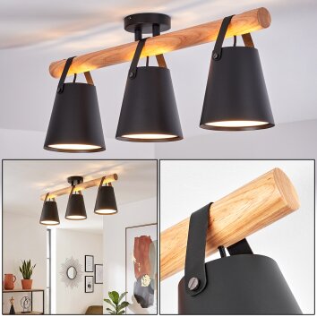 Andian Deckenleuchte Holz-Balkenlampe 3-flammig mit schwarzen Metallschirmen