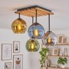Kugel-Deckenleuchte Koyoto mit 4 bunten Glasschirmen, Holzlamellen-Abdeckung