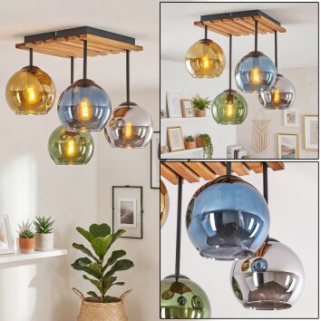Kugel-Deckenleuchte Koyoto mit 4 bunten Glasschirmen, Holzlamellen-Abdeckung