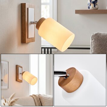 Alvorn Wandspot aus Holz und Metall mit weißem Glasschirm, verstellbar