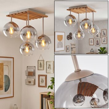 Boho Cluster-Deckenleuchte Koyoto mit 4 klaren Glasschirmen ø 15 cm am naturfarbenen Gestell