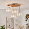 Boho Kugelleuchte Koyoto mit 4 klaren Riffelglasschirmen, Holzlamellenplatte in Naturfarben