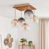 Cluster-Deckenleuchte Koyoto mit Holzlamellen-Abdeckung und 5 Glasschirmen, 25 Watt