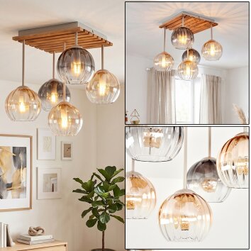 Cluster-Deckenleuchte Koyoto mit Holzlamellen-Abdeckung und 5 Glasschirmen, 25 Watt
