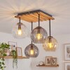 Koyoto Deckenleuchte Holz Glas, 4-flammig mit Riffelglas-Kugelschirmen, Boho